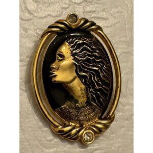 Coreen Simpson Brass Cameo Brooch Egyptian African Woman Pendant 2”